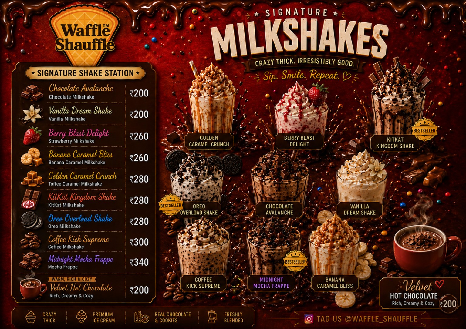 Waffle Shauffle signature milkshakes and hot chocolate menu